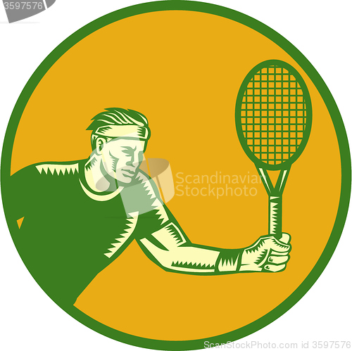 Image of Tennis Player Forehand Circle Woodcut