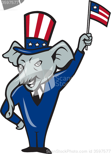 Image of Republican Mascot Elephant Waving US Flag Cartoon