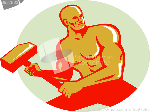 Image of Athlete With Sledgehammer Training Oval Retro