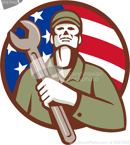Image of Mechanic Holding Wrench USA Flag Circle Retro