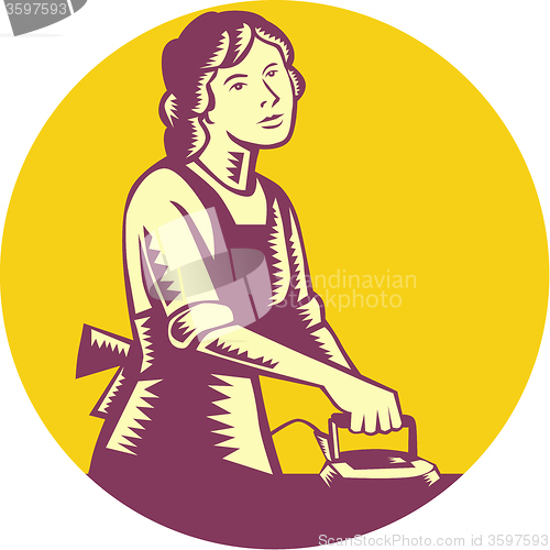 Image of Housewife Ironing Circle Woodcut