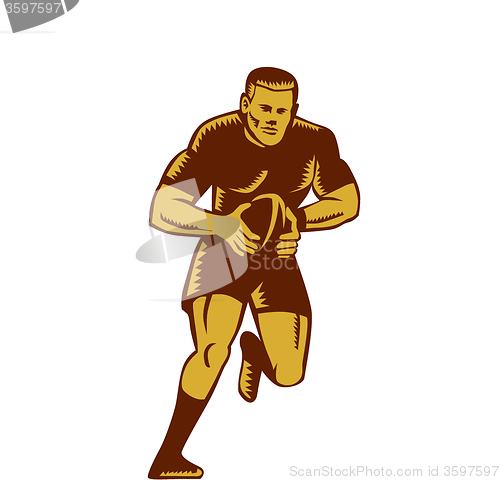 Image of Rugby Player Running Ball Woodcut