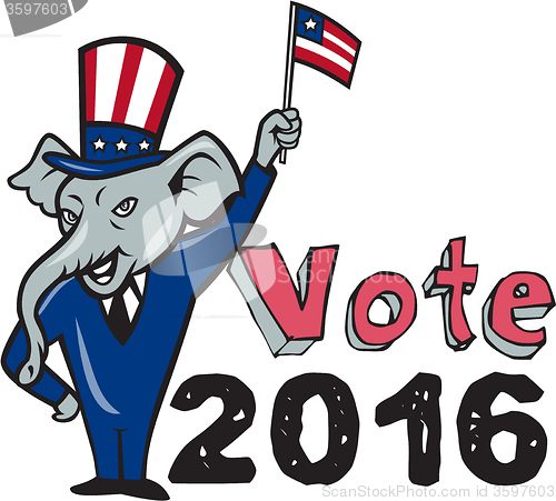 Image of Vote 2016 Republican Mascot Waving Flag Cartoon