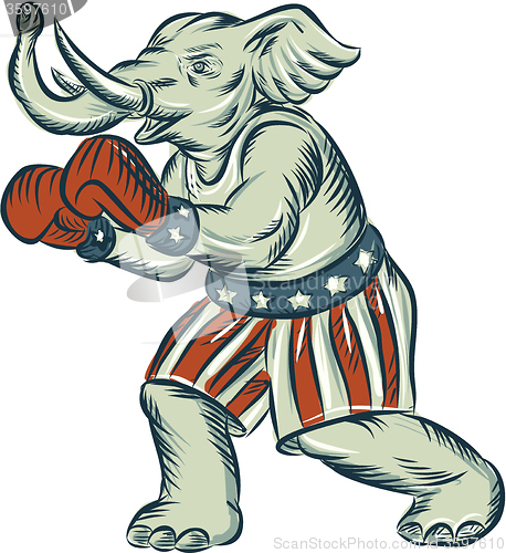 Image of Republican Elephant Boxer Mascot Isolated Etching