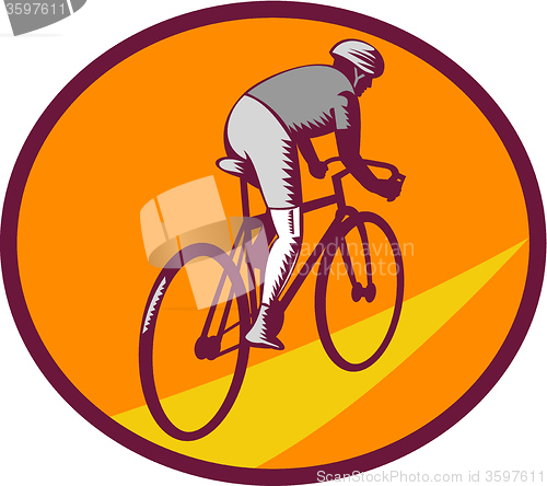 Image of Cyclist Riding Bicycle Cycling Oval Woodcut