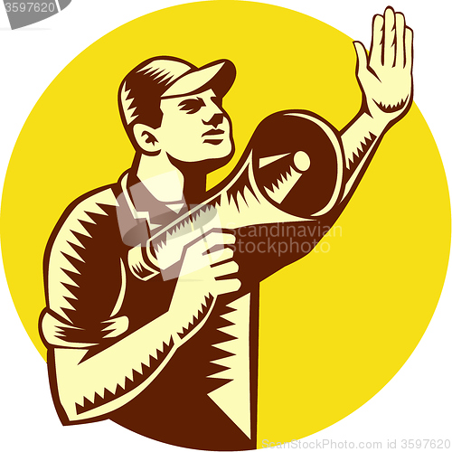 Image of Worker Holding Megaphone Circle Woodcut