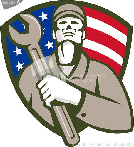 Image of Mechanic Holding Wrench USA Flag Shield Retro