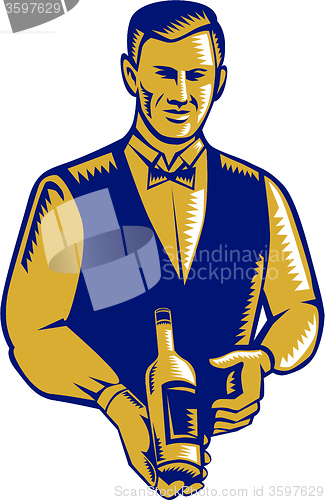 Image of Waiter Presenting Wine Bottle Woodcut