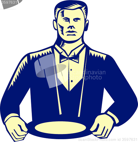 Image of Waiter Cravat Serving Plate Woodcut