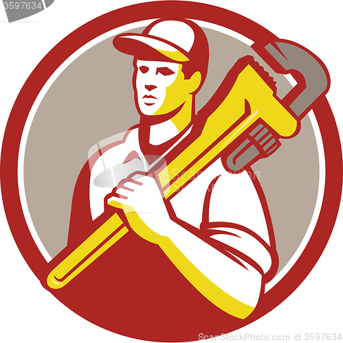 Image of Plumber Holding Monkey Wrench Circle Retro