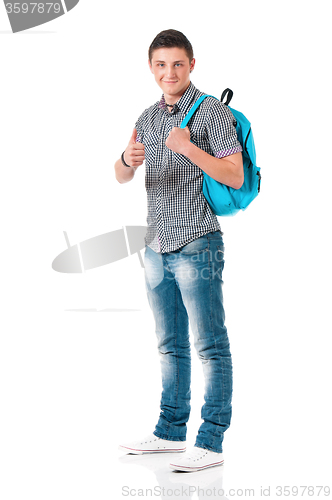 Image of Student boy showing thumb sign with backpack