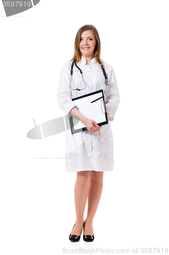 Image of Beautiful young doctor with file folder 