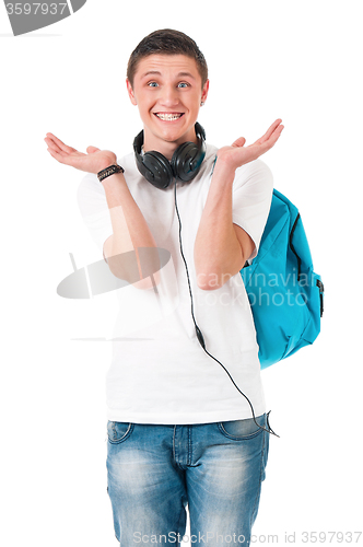 Image of Boy student with backpack and headphones