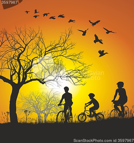 Image of Family cycling in the countryside at sunset