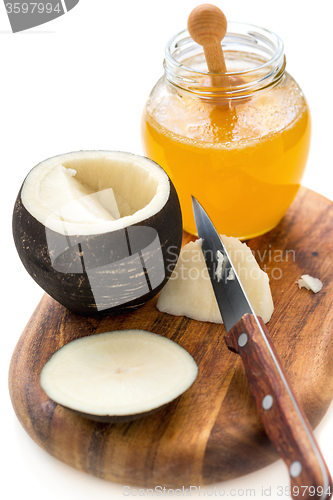 Image of Black radish with honey. Natural remedy for coughs.