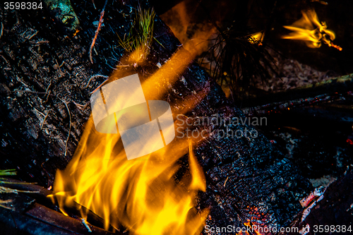 Image of camp fire flames burning at night after hike