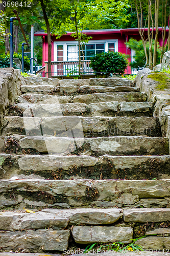 Image of stone steps leading to a mountain vacation home