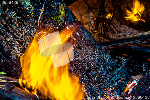 Image of camp fire flames burning at night after hike