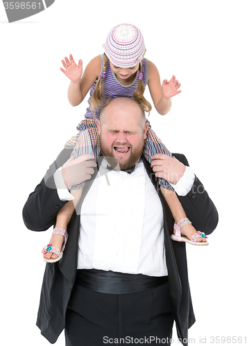 Image of Little Girl Sitting on Shoulders Man Have Fun