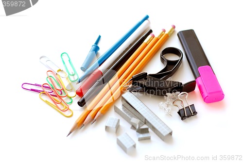 Image of School office supplies on white