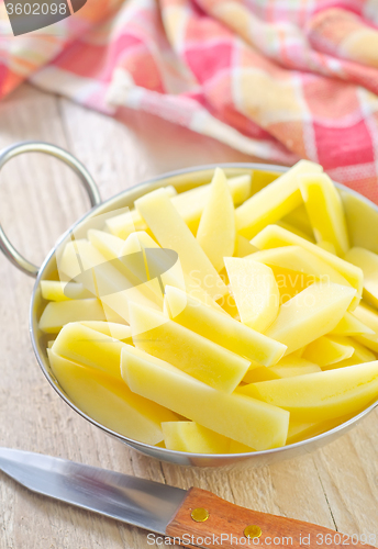 Image of raw potato in metal bowl