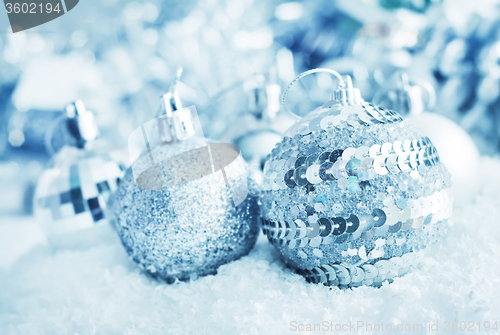 Image of Christmas balls, Silver balls, Christmas decoration on the light