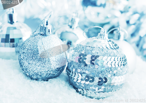 Image of Christmas balls, Silver balls, Christmas decoration on the light