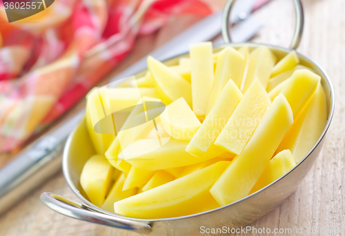 Image of raw potato in metal bowl