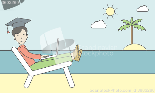 Image of Man in graduation cap on seashore. 