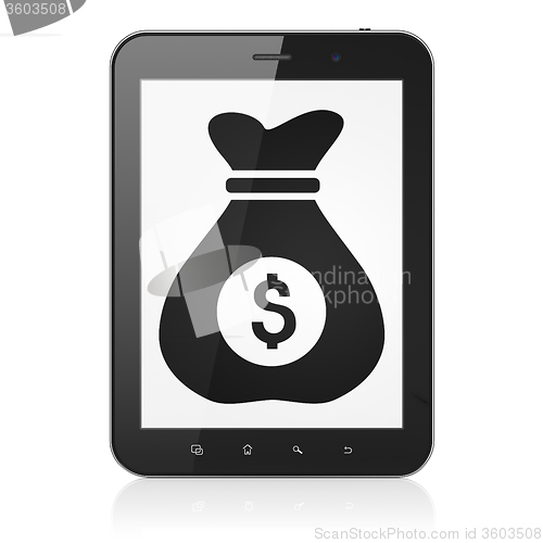 Image of Finance concept: Tablet Computer with Money Bag on display