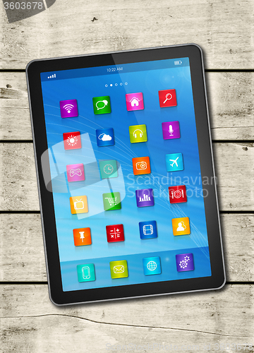 Image of Digital tablet PC on a white wood table