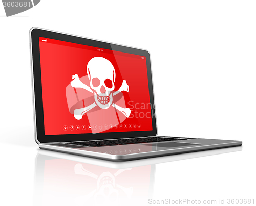 Image of Laptop with a pirate symbol on screen. Hacking concept