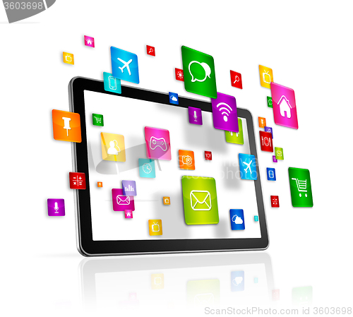 Image of Tablet PC and flying apps icons