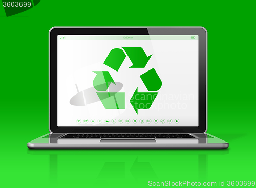 Image of Laptop with a recycle symbol on screen. environmental conservati
