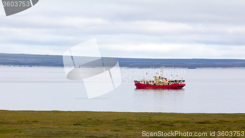Image of ship sails in Yugorsky Strait to Barents sea