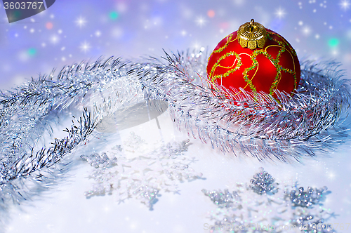 Image of Christmas ball, tinsel and snowflakes.Christmas decorations.