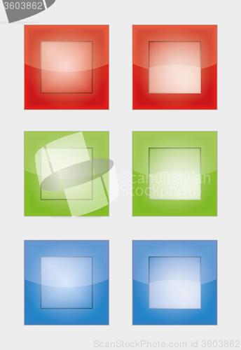 Image of six color square badges or buttons