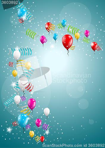 Image of flying balloons on blue background