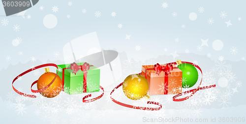 Image of christmas card with balls and ribbons