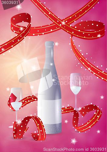 Image of bottle with glasses and ribbons