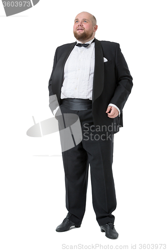 Image of Jolly Fat Man in Tuxedo and Bow tie Shows Emotions