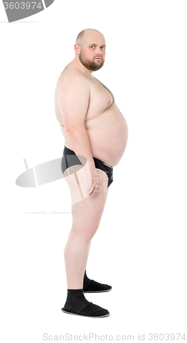 Image of Naked Overweight Man with Big Belly Side View