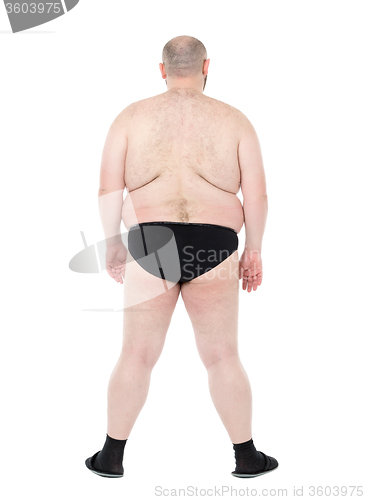Image of Naked Overweight Man with Big Belly Back View