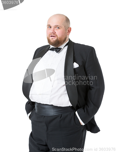 Image of Jolly Fat Man in Tuxedo and Bow tie Shows Emotions