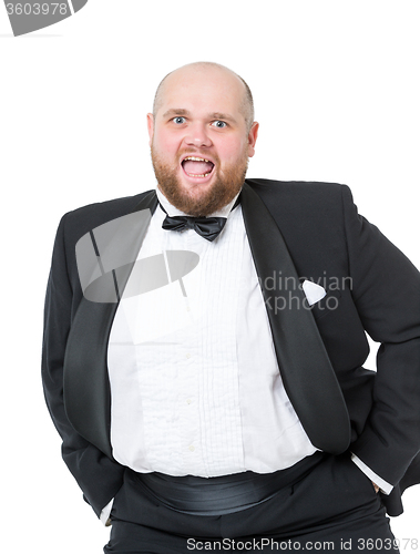 Image of Jolly Fat Man in Tuxedo and Bow tie Shows Emotions