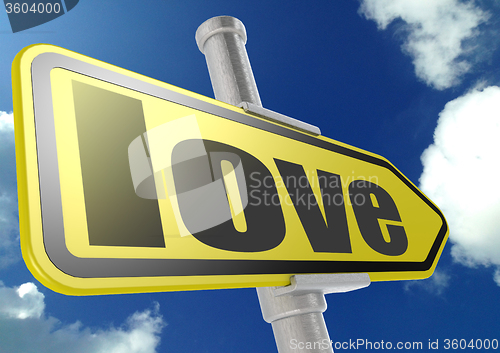 Image of Yellow road sign with love word under blue sky