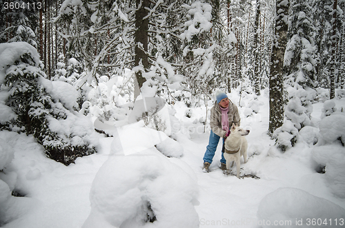 Image of The woman with a dog on walk in a winter wood
