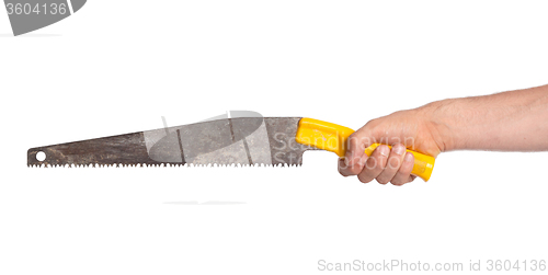 Image of Hand with saw, isolated on white