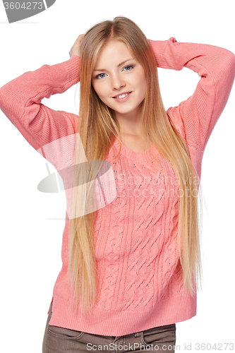 Image of Woman in pink sweater