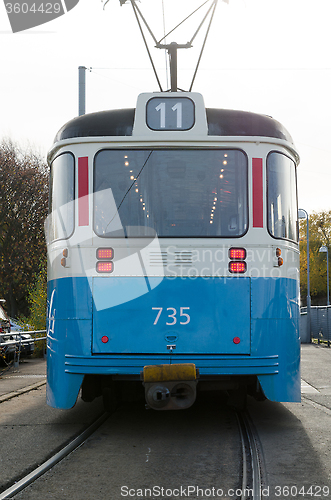 Image of one blue tramcar in sweden 